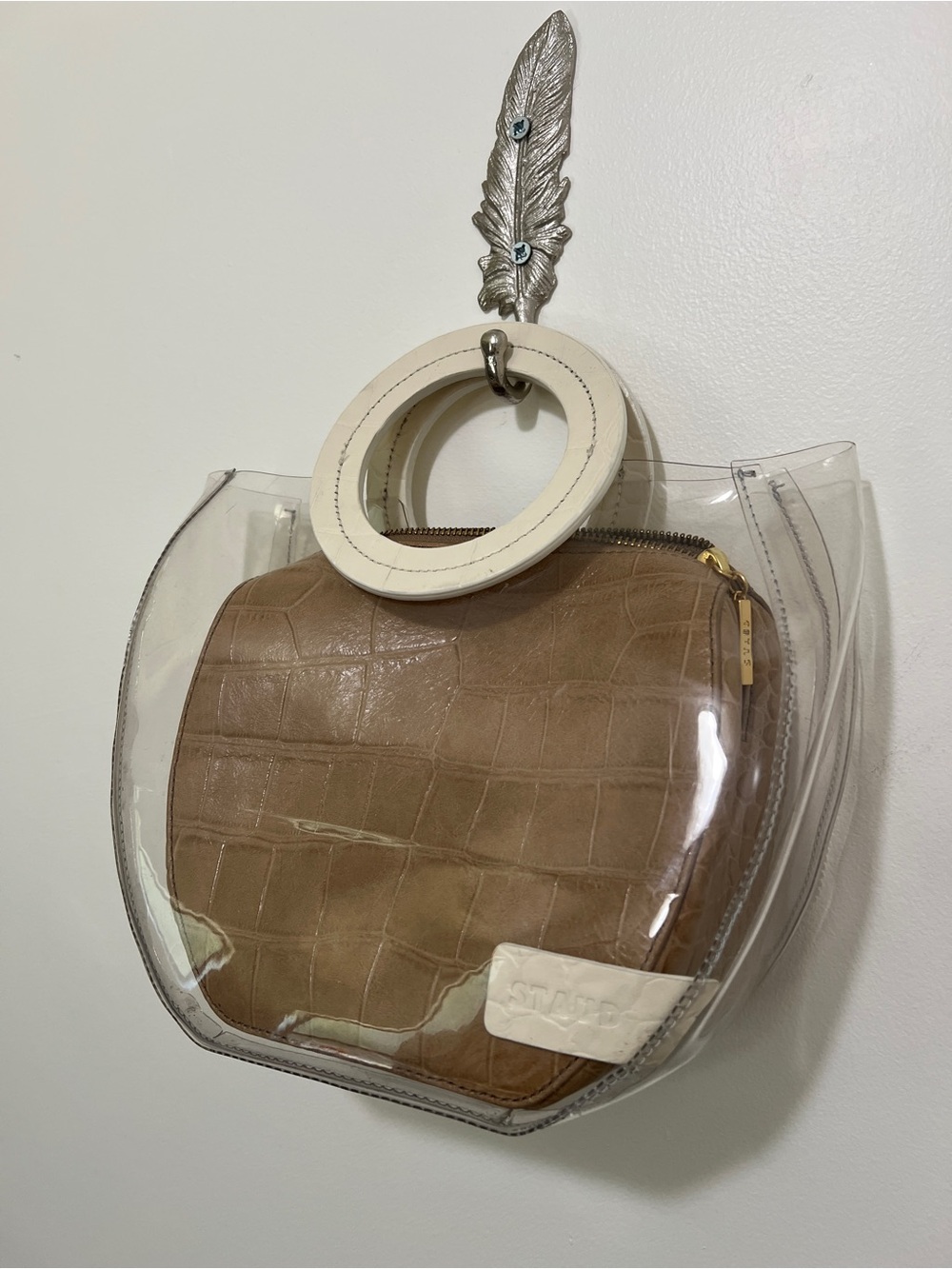 STAUD Clear Tote with Tan Croc Pouch and White Round Handles - Picture 3 of 13